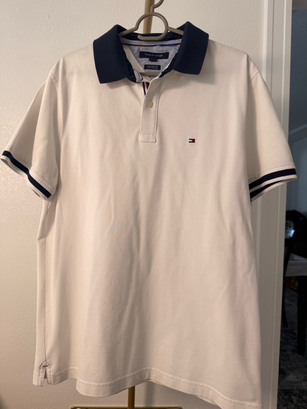 Tommy Hilfiger Custom Fit Polo Shirt Mens L White Navy Classic Logo
